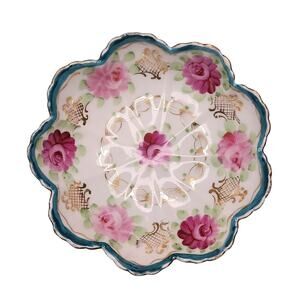 Vintage Japan Berry Bowl 3Footed Scalloped Edges Gold-tone Pink Green Teal White